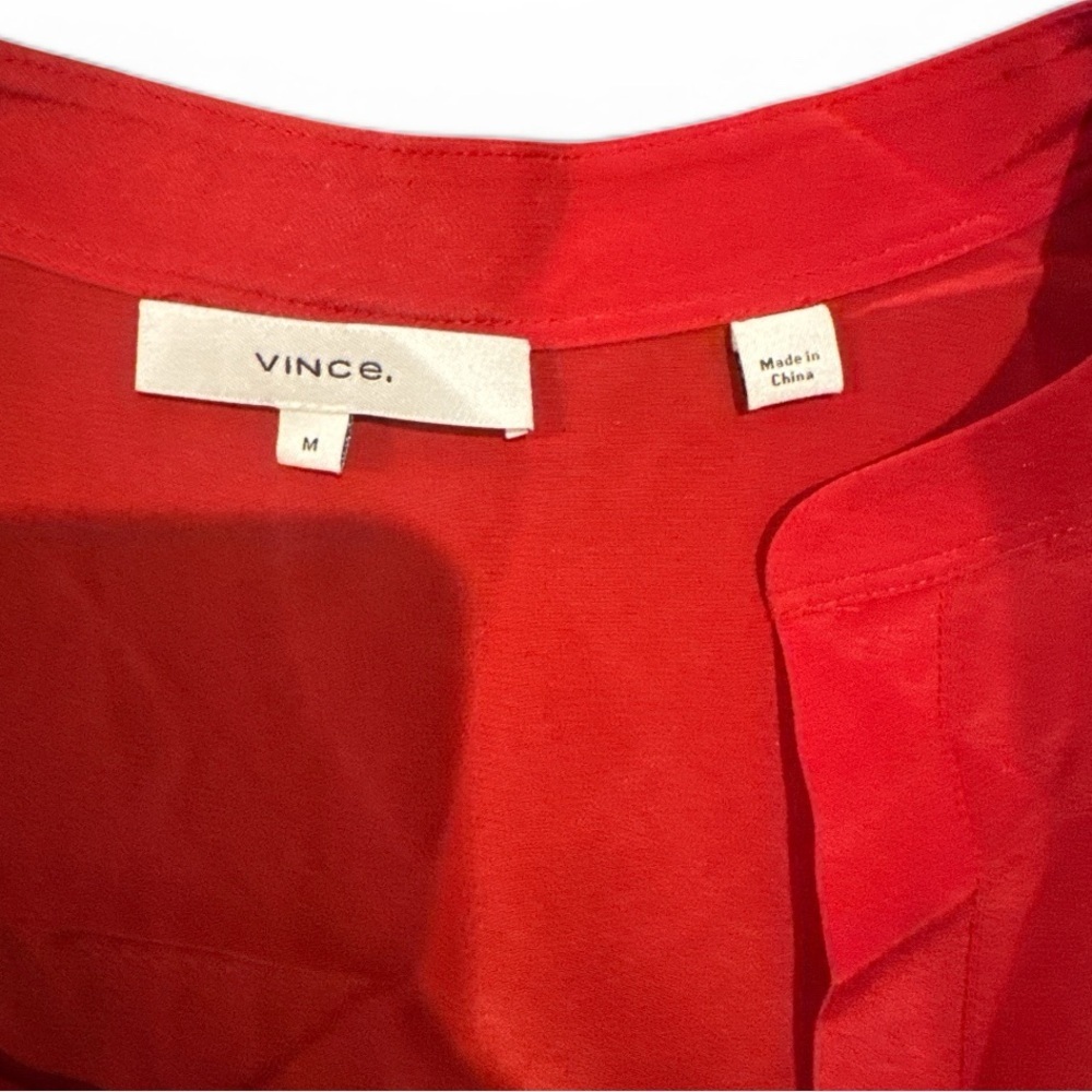 Vince Silk Band Collar Blouse Adobe Red Long Sleeve Minimalist Size M - Picture 9 of 12